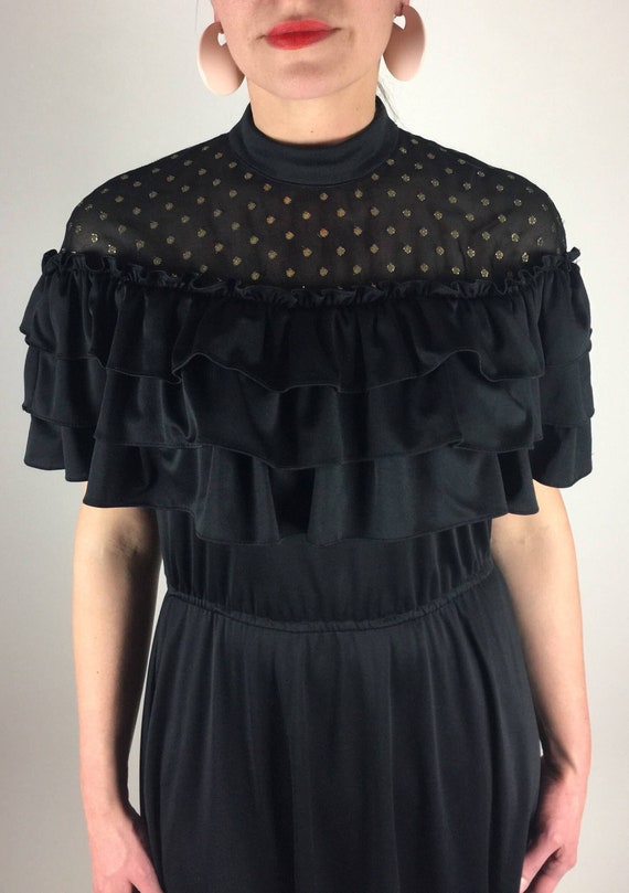 Vintage 70s Black Ruffle Dress: Gold Polka Dot Mesh, Size 4-8 - Etsy