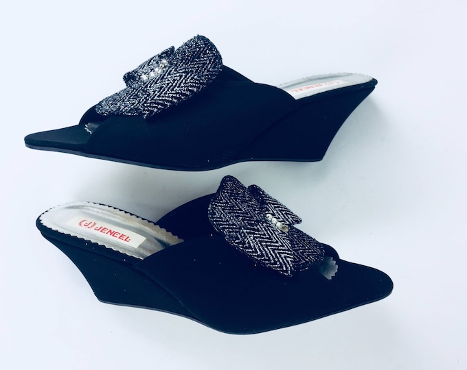 Vintage 70's black open toe glitter rhinestone wedge  mules