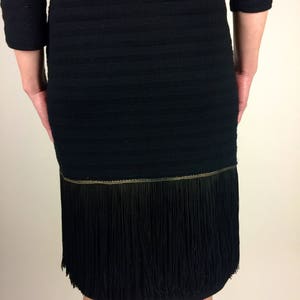 Vintage 60's black shadow stripe fitted knit fringe detail dress image 2