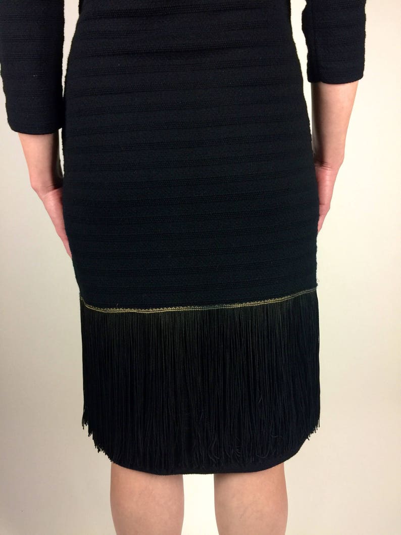 Vintage 60's black shadow stripe fitted knit fringe detail dress image 2