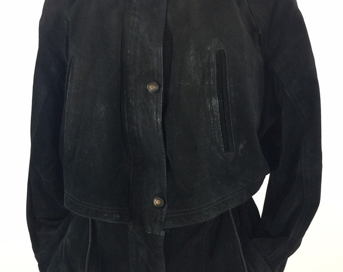 Vintage 80's 90's black suede leather cinched waist anorak jacket