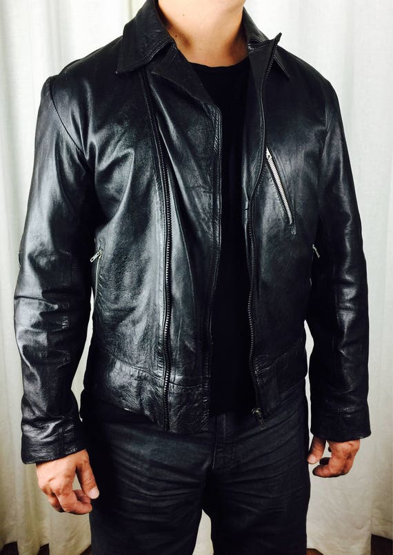 Vintage 70's unisex black leather motorcycle jacke