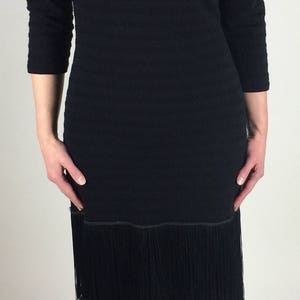 Vintage 60's black shadow stripe fitted knit fringe detail dress image 7