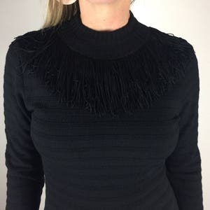 Vintage 60's black shadow stripe fitted knit fringe detail dress image 9
