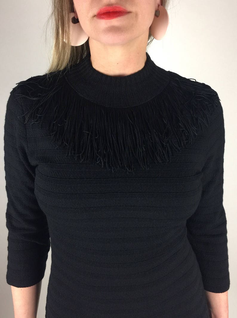 Vintage 60's black shadow stripe fitted knit fringe detail dress image 9