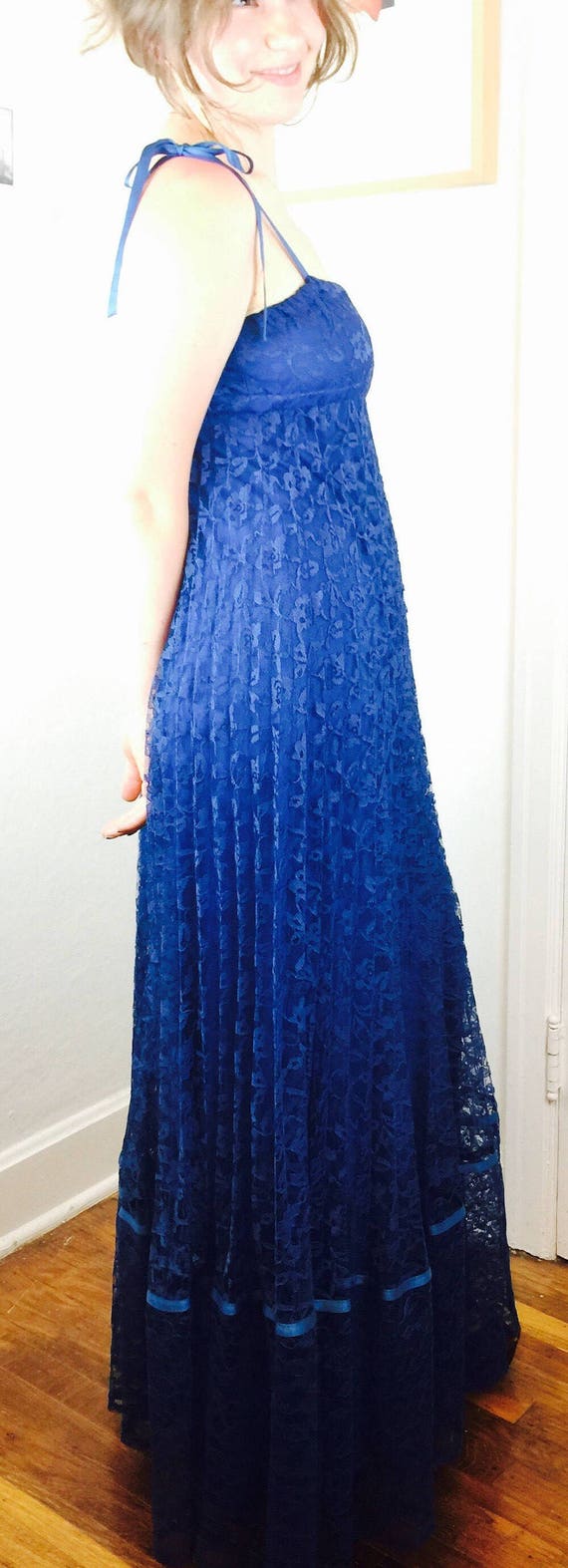 Vintage 70's royal blue lace empire strappy maxi … - image 2