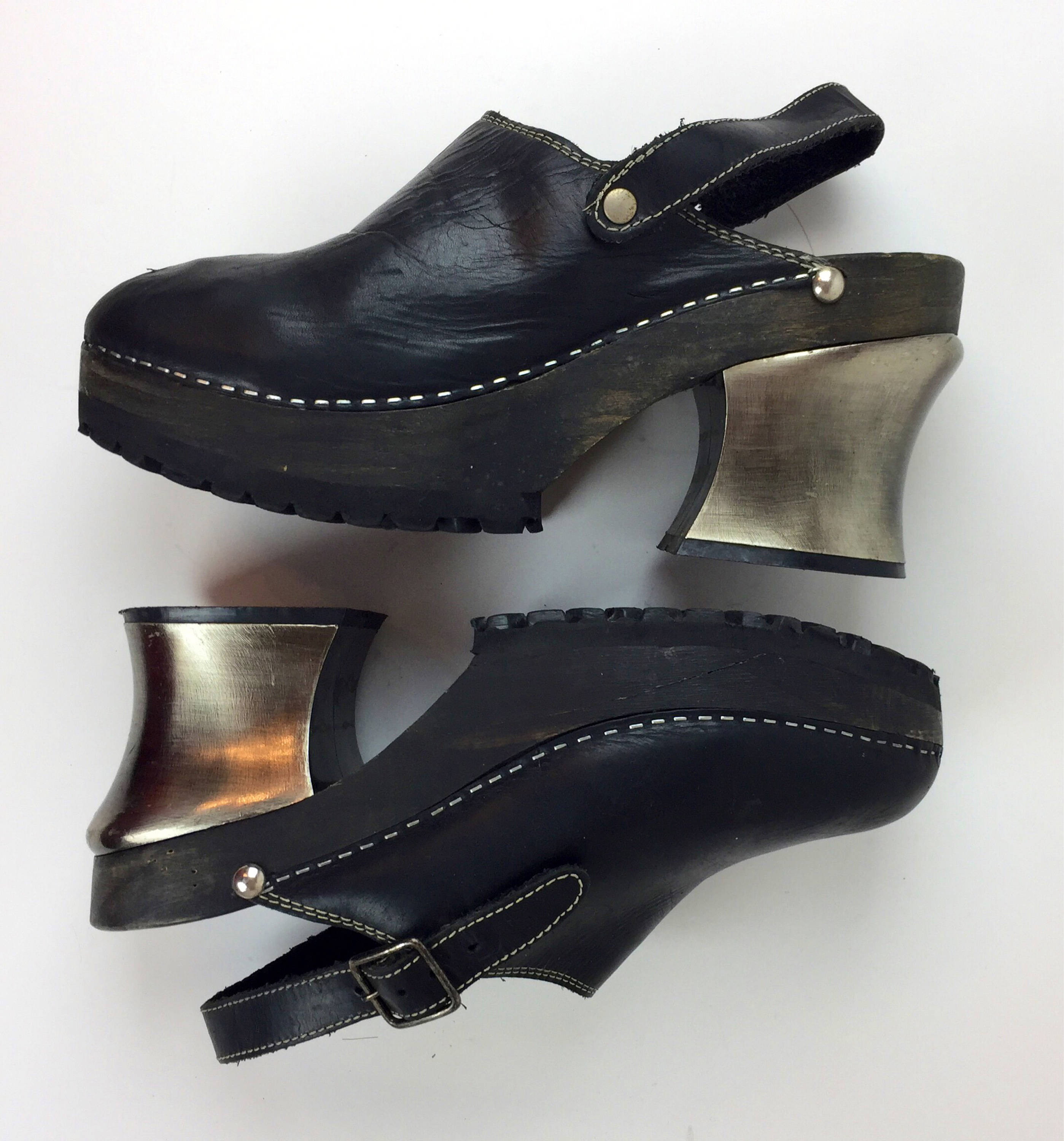 Vintage 90's goth industrial black leather silver heeled chunky lug ...