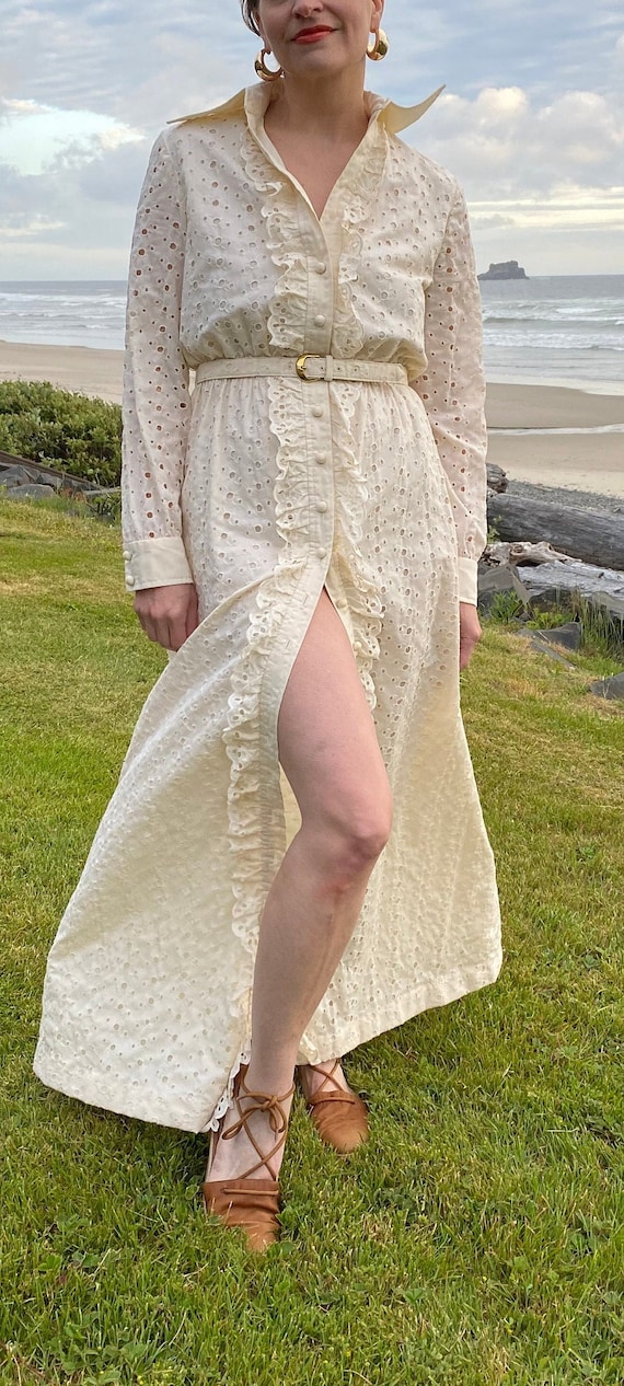 70’s embroidered eyelet belted maxi shirtdress