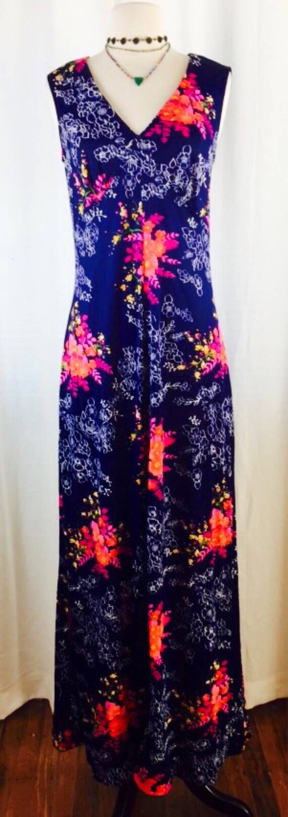 Vintage 70's long navy bright floral maxi dress - image 7