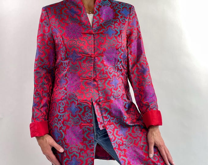Vintage 90’s Y2K red fuschia Chinese embroidered jacquard long jacket