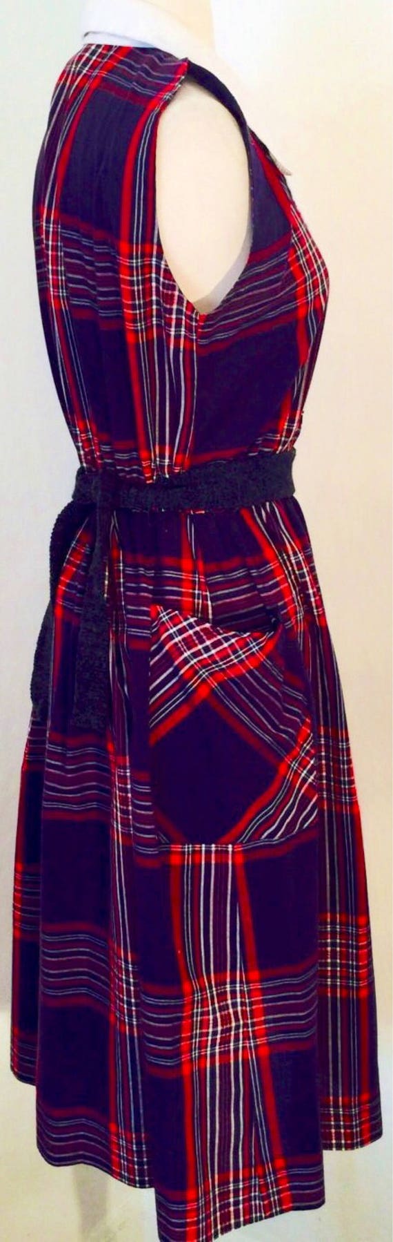 Vintage 70's blue red windowpane plaid collared d… - image 9