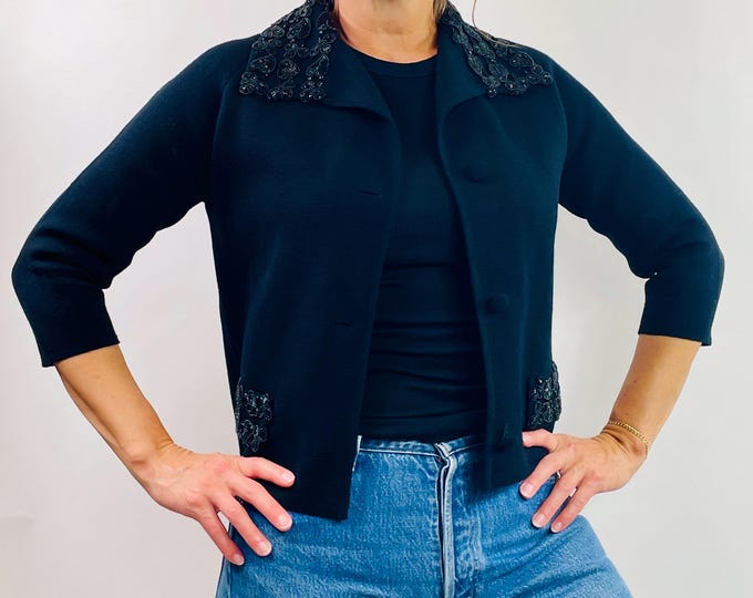 Vintage 50's embellished beaded sparkle trim black knit wool cardigan jacket