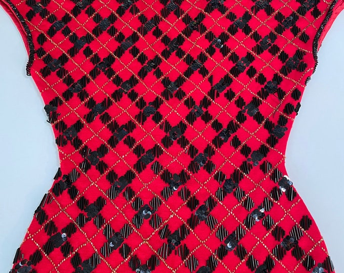 Vintage 90’s 00’s red embellished beaded plaid cocktail dress