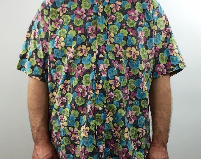 Vintage 80's Reyn Spooner Hawaiian black reverse weave exotic floral print button down oxford shirt