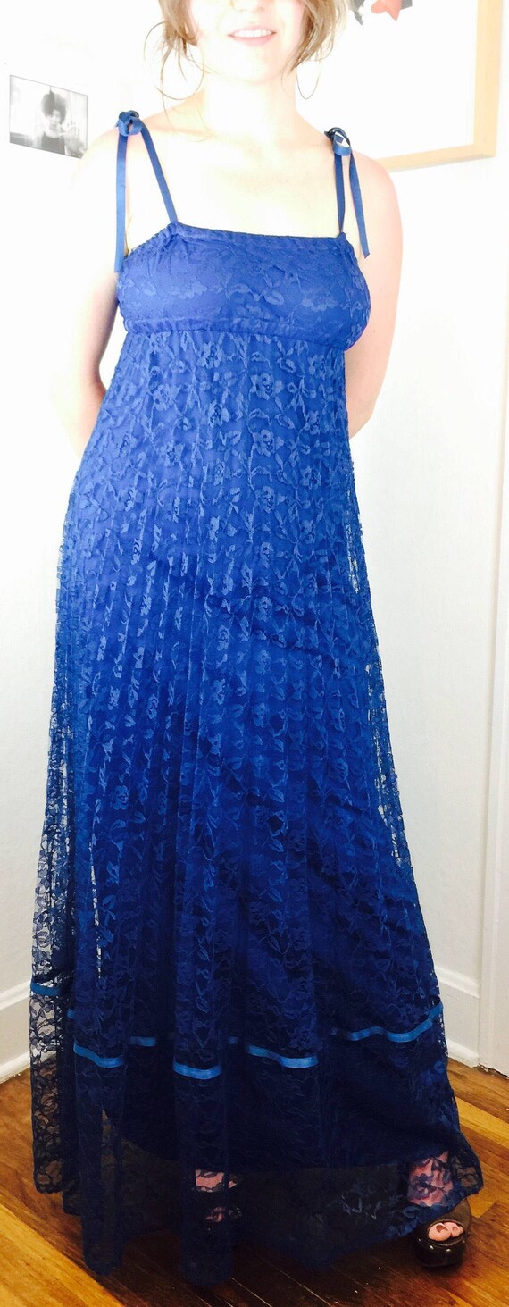 Vintage 70's royal blue lace empire strappy maxi … - image 5