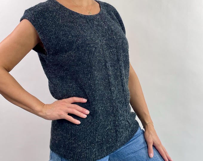 Vintage 80's grey silver metallic knit sweater vest top