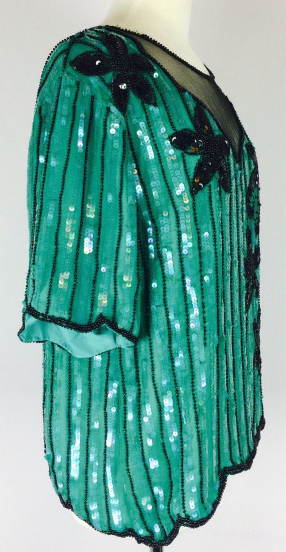 Vintage 80's green silk beaded sequined sheer mes… - image 3