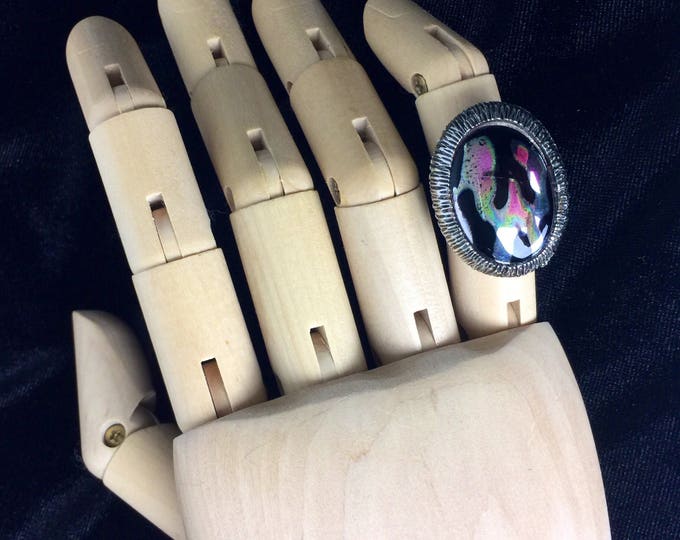 Vintage 60's 70's iridescent rainbow glazed porcelain cocktail statement ring