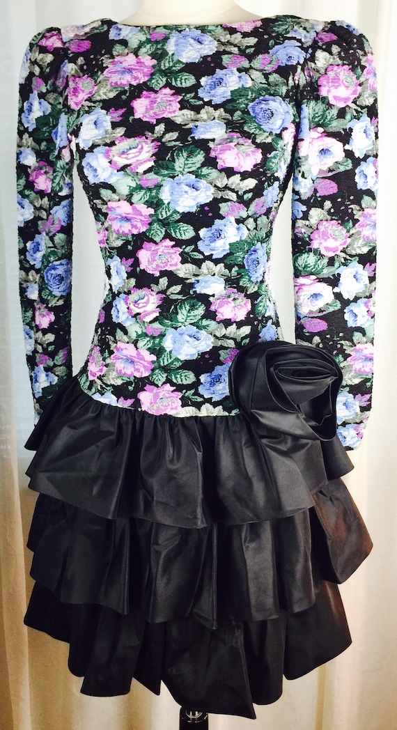 Vintage 80's floral taffeta tiered skirt dress