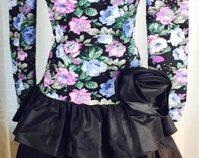 Vintage 80's floral taffeta tiered skirt dress