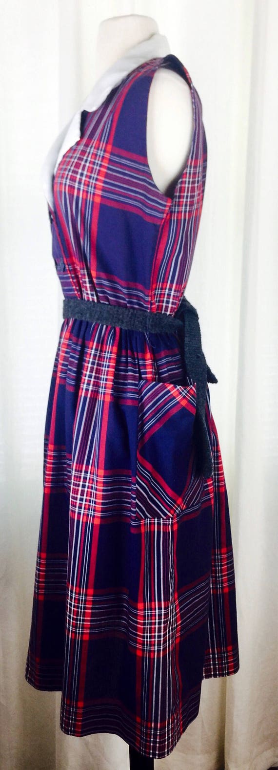 Vintage 70's blue red windowpane plaid collared d… - image 3