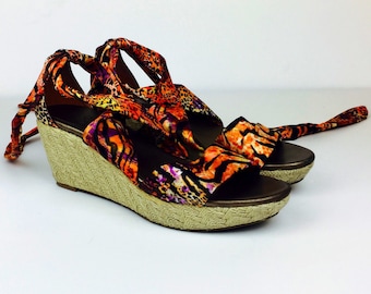 Vintage 90's animal print satin jute basket weave wedge wrap sandals