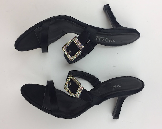 Vintage 90's black satin embellished crystal buckle heeled strap mules