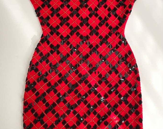 Vintage 90’s 00’s red embellished beaded plaid cocktail dress