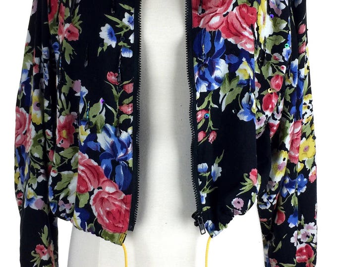 Vintage 80's 90's feminine street wear dark floral sequined beaded lightweight bomber jacket