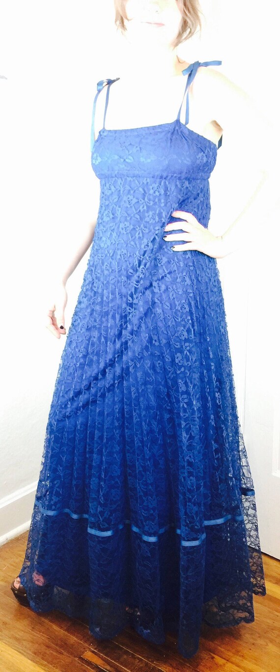 Vintage 70's royal blue lace empire strappy maxi … - image 3