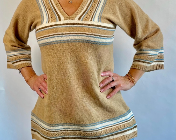 Vintage 70's boho camel lambswool striped tunic style sweater