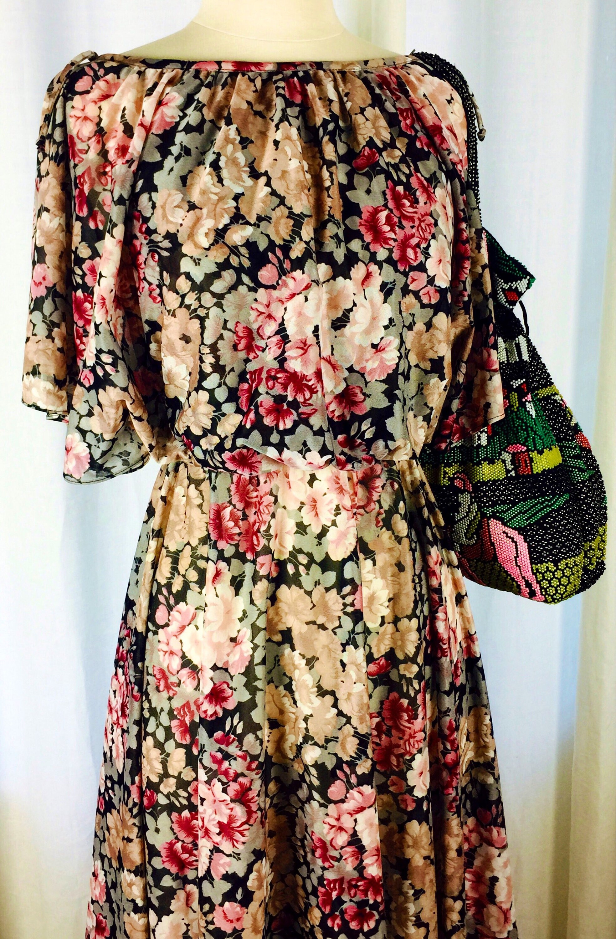 Vintage 70's bohemian sheer floral flowy capelet dress with butterfly ...