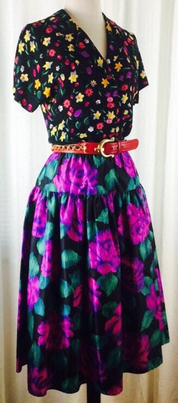 Vintage 90's designer Betsey Johnson black floral… - image 1