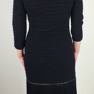 Vintage 60's black shadow stripe fitted knit fringe detail dress image 6