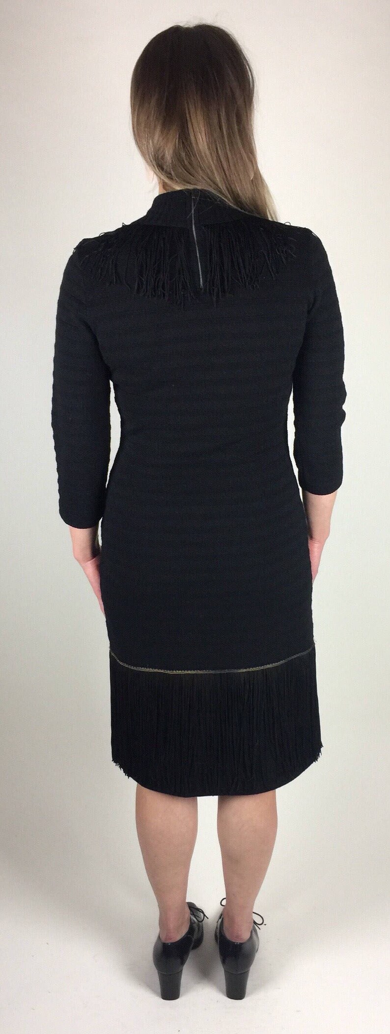 Vintage 60's black shadow stripe fitted knit fringe detail dress image 6