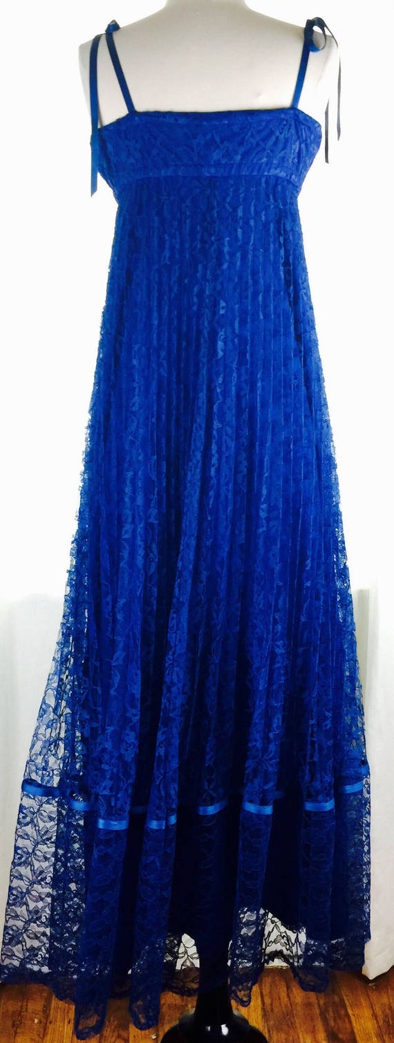 Vintage 70's royal blue lace empire strappy maxi … - image 9