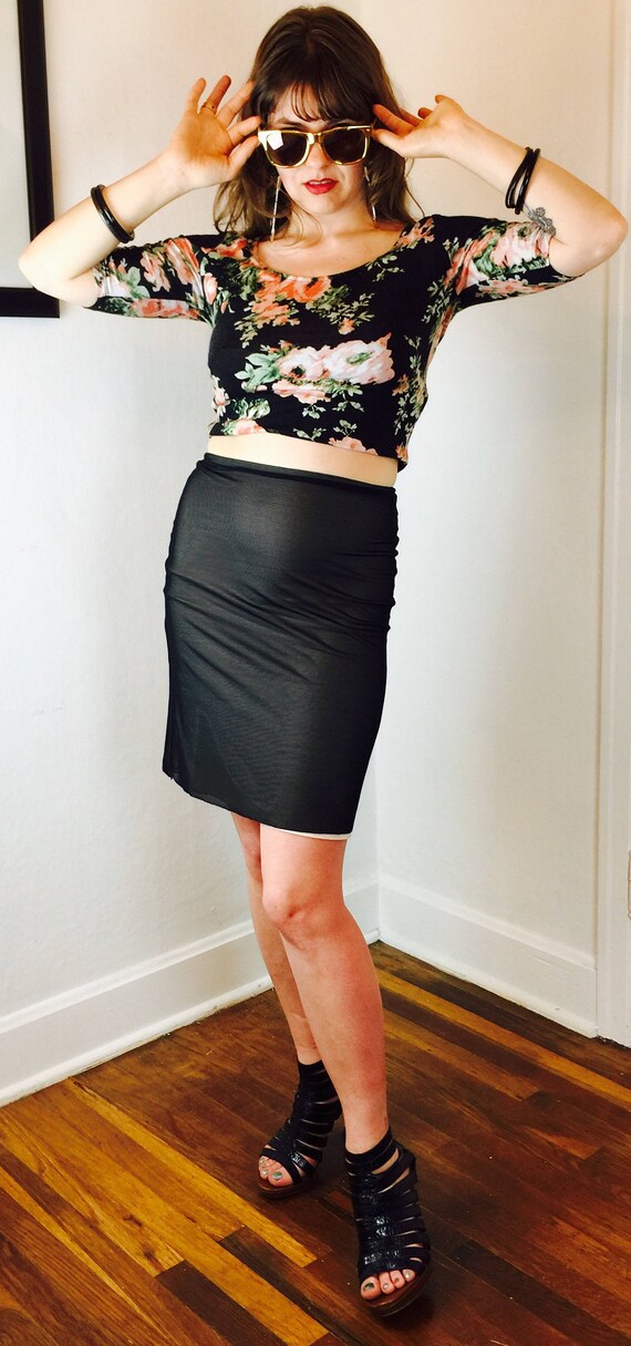 Vintage Y2K black mini skirt, black leather mules, and cream sheer blouse Pleated Leather Skirt Twopiece Set Y2k Womens Autumn Suit  main image 2