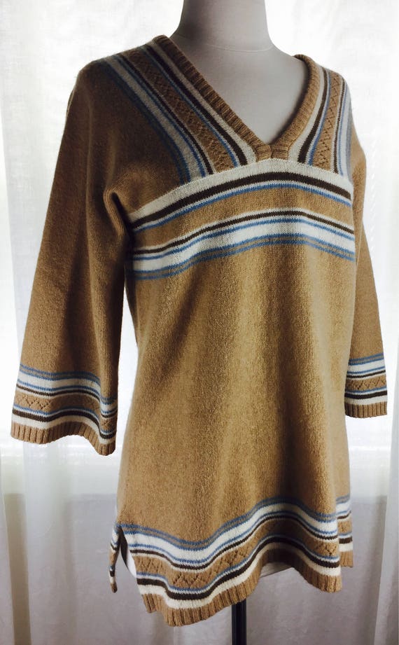 Vintage 70's boho camel lambswool striped tunic s… - image 2