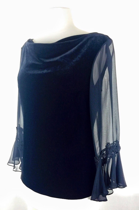 Vintage 90's black velvet sheer ruffle sleeve top