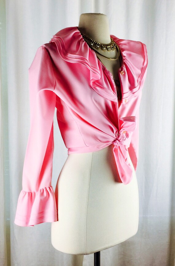 Vintage 70's 80's pink button down ruffle neckline
