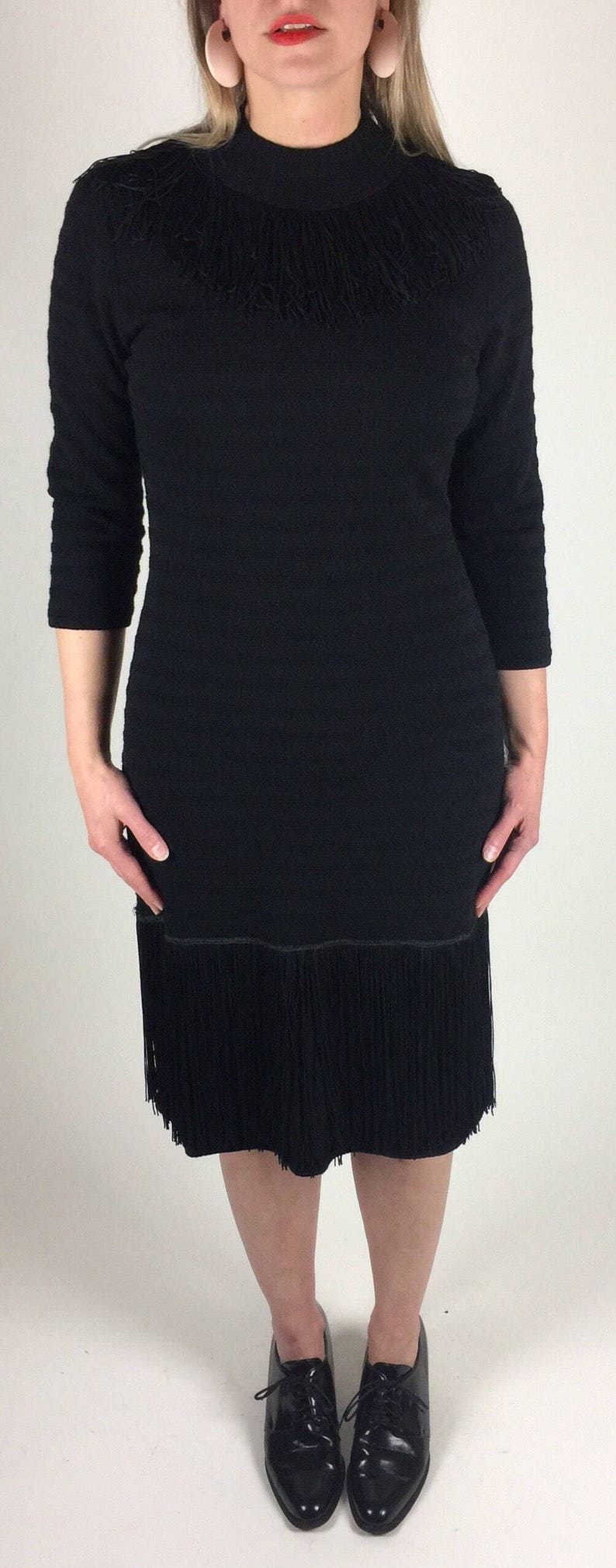 Vintage 60's black shadow stripe fitted knit fringe detail dress image 3