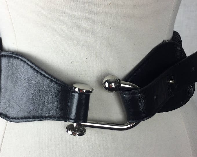 Vintage 80's black leather smocked hook and toggle belt