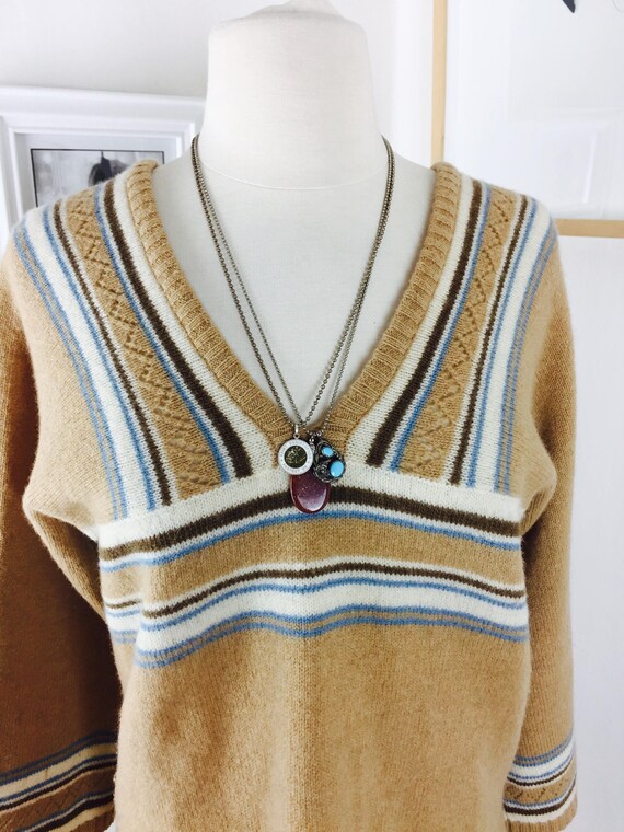 Vintage 70's boho camel lambswool striped tunic s… - image 6