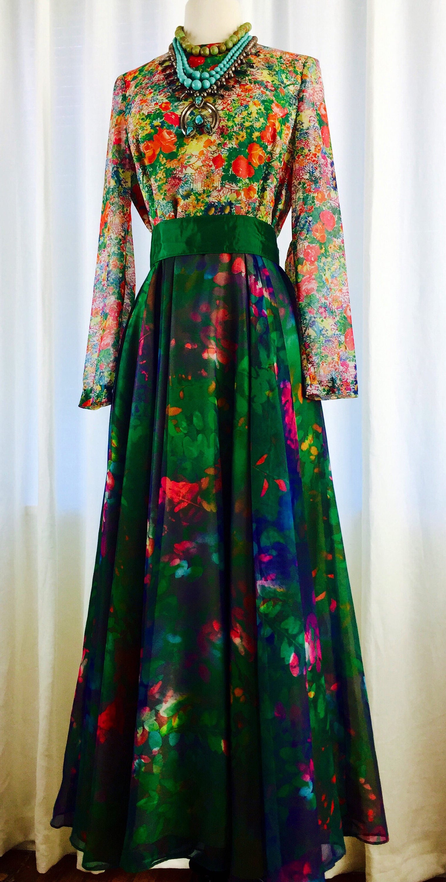 Vintage late 60's belted multi floral fantasia California Calliope maxi ...