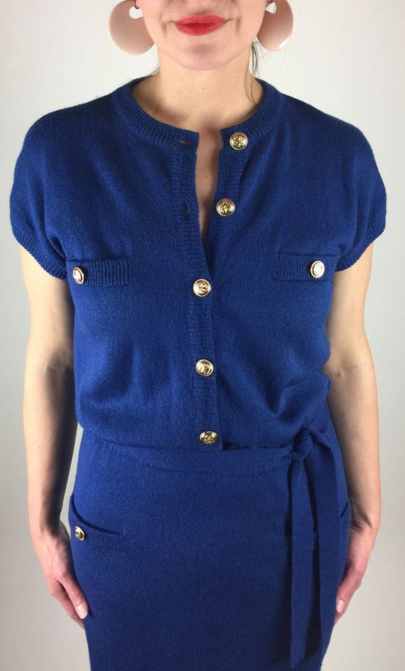 Vintage 70's 80's nautical royal blue fitted knit… - image 1