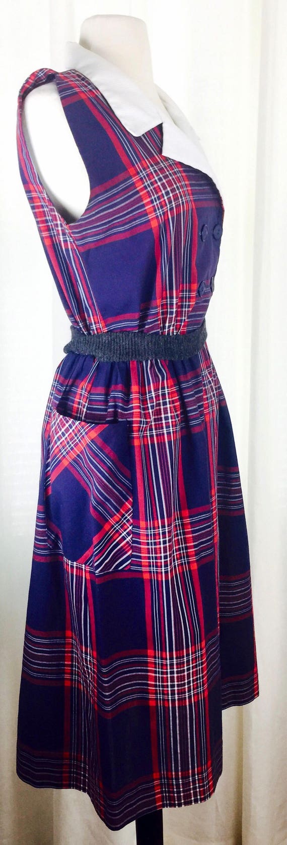 Vintage 70's blue red windowpane plaid collared d… - image 4