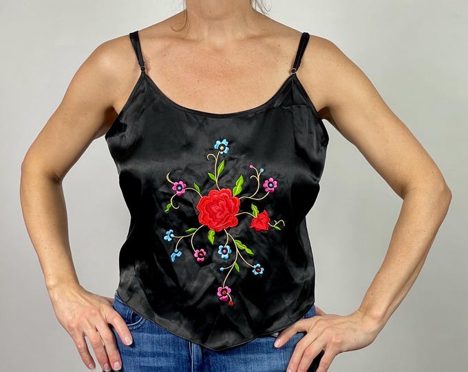 Vintage 00’s Y2K black floral embroidered satin handkerchief hem top