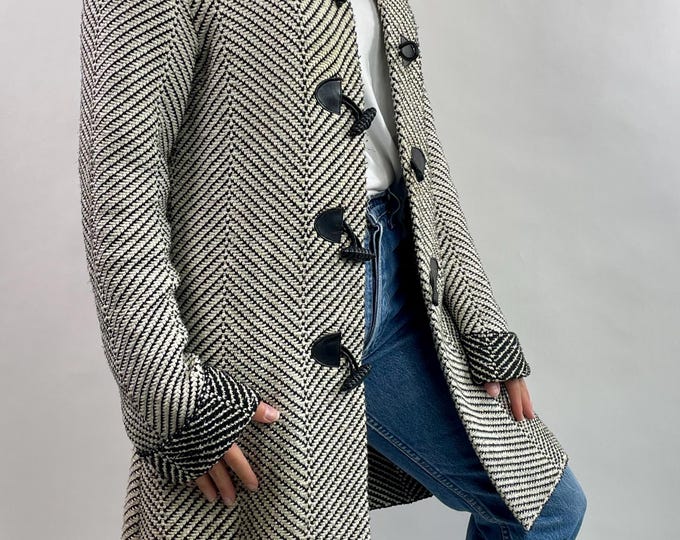 Vintage 90's herringbone knit black leather trim toggle coat