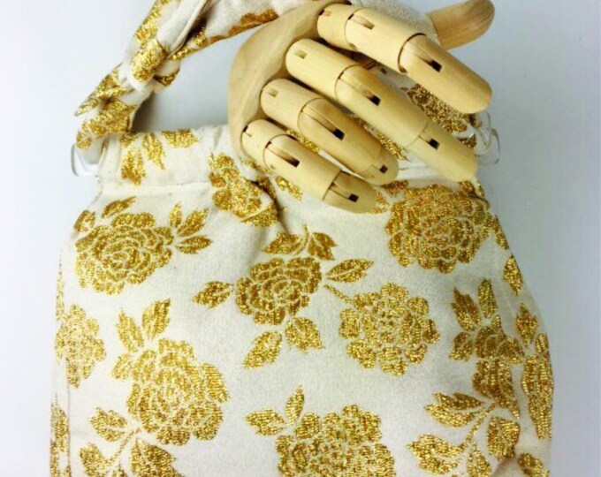 Vintage 60's ivory and  gold rose floral brocade Lucite frame handbag