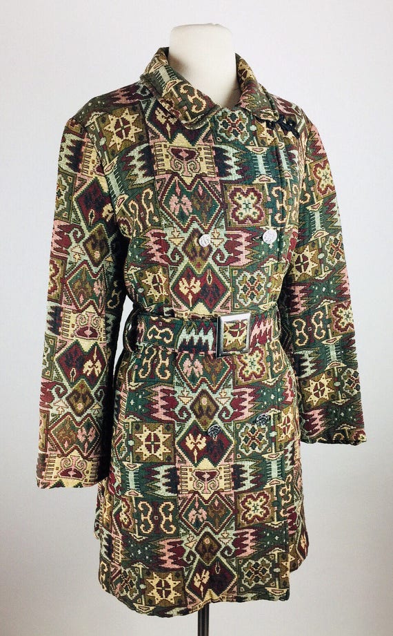 Vintage 50's 60's woven jacquard belted trench st… - image 4